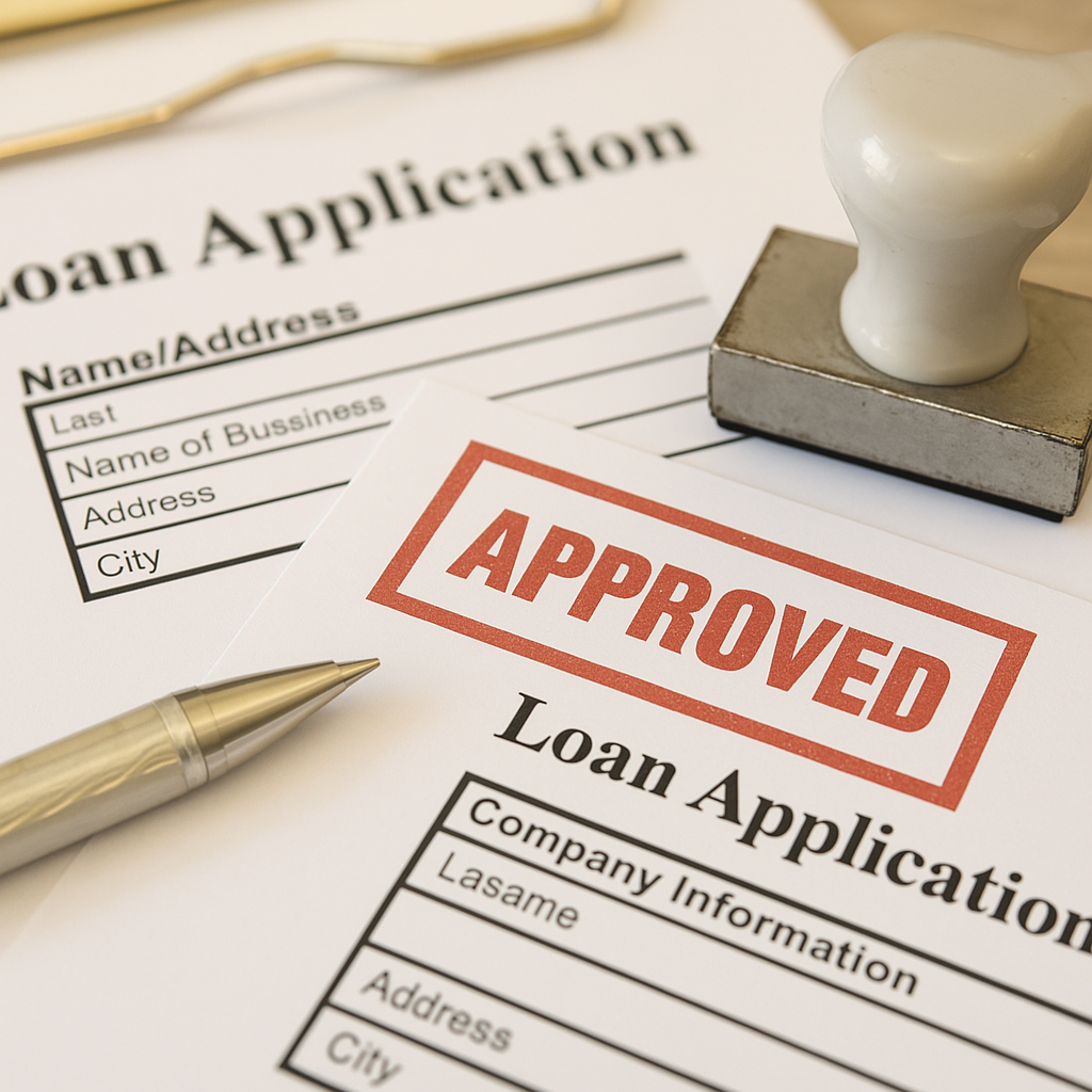 Approved private loan application form with stamp and pen on desk