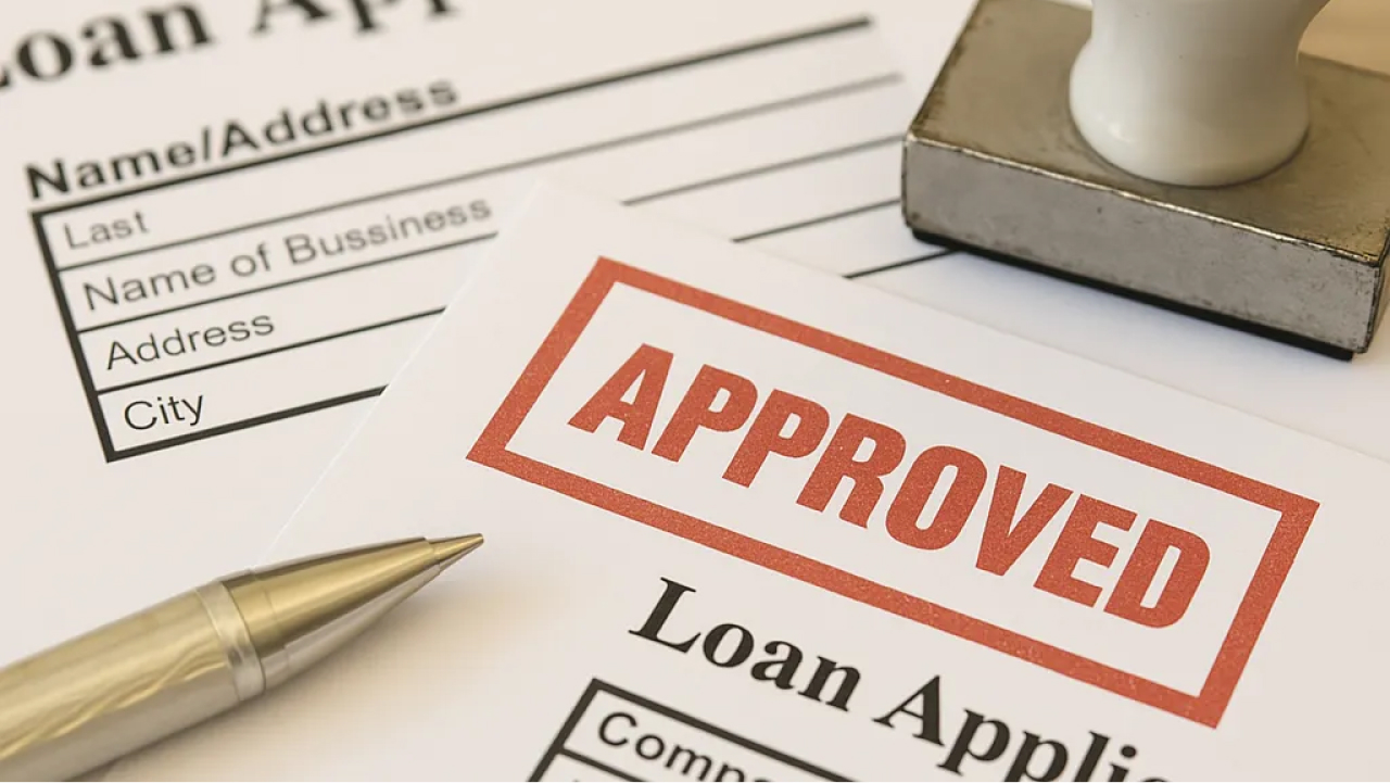 Approved private loan application form with stamp and pen on desk